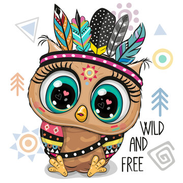 Cartoon tribal Owl with feathers on a white background