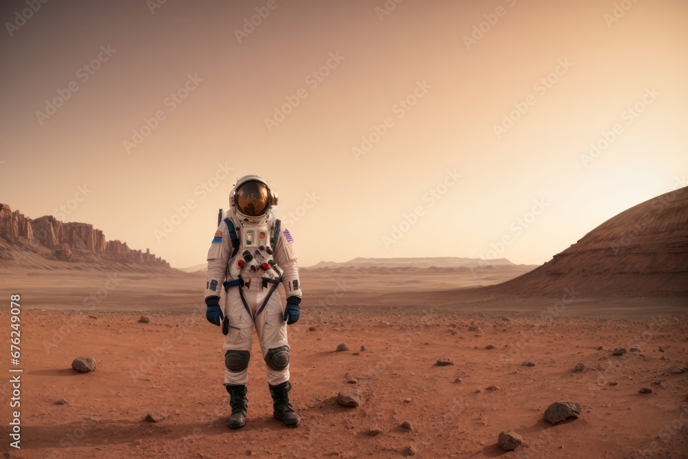 Poster an astronaut putting on a spacesuit in the planet mars. copy space