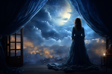 A woman wearing a nightgown, opening curtains on big panoramic window, looking rising big moon. Generative AI