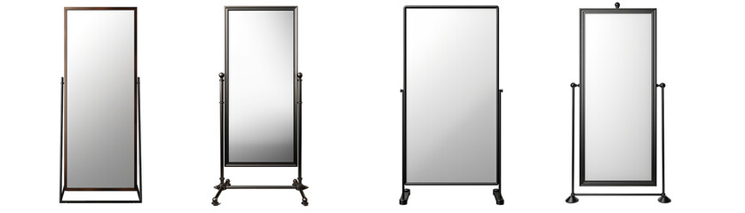 Set of standing mirror with metal frame. Rectangle standing mirror with modern metal frame. Isolated on transparent background. Generative AI - obrazy, fototapety, plakaty