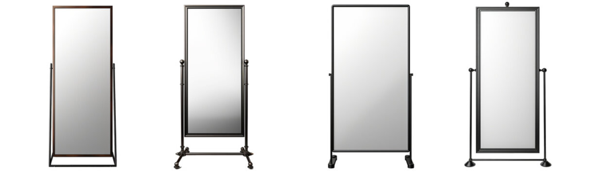 Set of standing mirror with metal frame. Rectangle standing mirror with modern metal frame. Isolated on transparent background. Generative AI