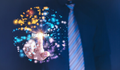 Big data technology and data science. Data scientist querying, analysing and visualizing complex information on virtual screen. Data flow concept. Business analytics, finance, neural network, AI