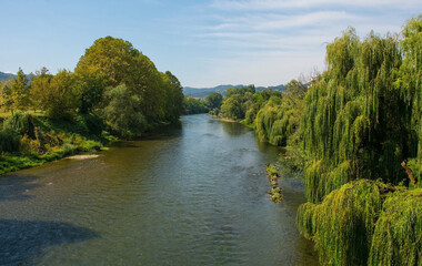 The Vrbas River as it flows through Banja Luka in Republika Srpska, Bosnia and Herzegovina. Viewed from Venecija Most bridge