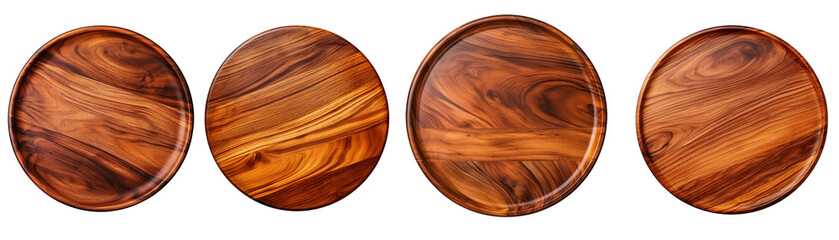 Set of top view circle wooden tray. Wood kitchen round board. Wooden plates mock up, top view, for product display. Isolated on transparent background. Generative AI