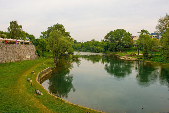 The Vrbas River as it flows through Banja Luka in Republika Srpska, Bosnia and Herzegovina. Viewed from Kastel Fortress castle