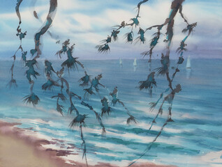 Pine tree branches by the sea watercolor background