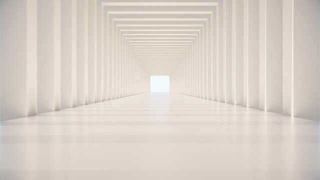 3D render of slow moving camera square archway in day light with sun shadow with refraction and reflection effects, 4K seamless loop abstract architectural live wallpaper