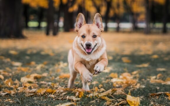 A playful puppy frolicking in the park