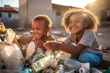 The happy little kids are sorting trash together at a garbage dumping place. Generative AI. - obrazy, fototapety, plakaty