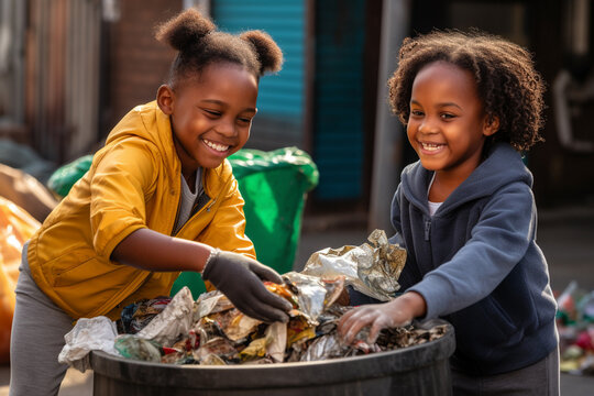 The happy little kids are sorting trash together at a garbage dumping place. Generative AI.