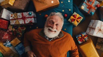 A happy old man with lots of Christmas presents or gifts around him, smiling and looking at a camera, aerial view, Xmas hoiday and celebration.