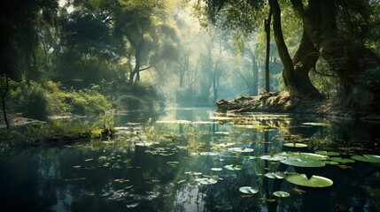 A serene glade within the enchanted forest, featuring a tranquil pond with mirrored reflections of ancient trees and the sky above, AI generated, background image