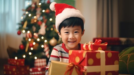 A happy Asian boy with lots of Christmas presents or gifts around him, smiling and looking at a camera Xmas hoiday and celebration.