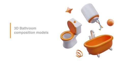 Color bathroom composition models. Orange bathtub, toilet, water heater, spring, bubble, star. Set for advertising hygiene procedures detergents and plumbing services, store - obrazy, fototapety, plakaty