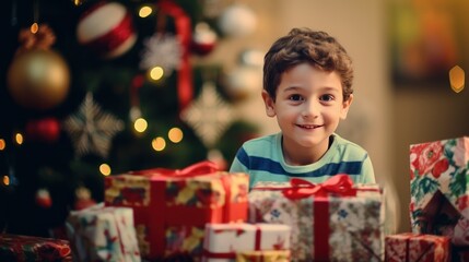 Fototapeta na wymiar A happy boy with lots of Christmas presents or gifts around him, smiling and looking at a camera Xmas hoiday and celebration.