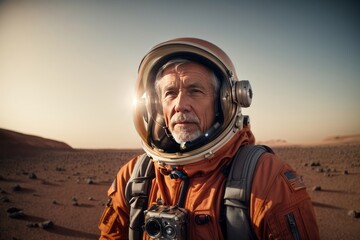 Close-up of an elderly male astronaut wearing an orange spacesuit in the planet Mars. - obrazy, fototapety, plakaty