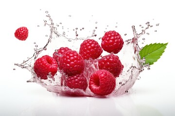 Raspberry with water splash on white
