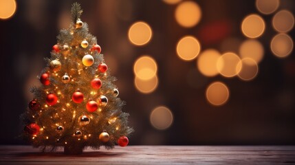 Fototapeta na wymiar Christmas holiday background. Beautiful fir tree with shiny baubles or balls, xmas ornaments, decoration, lights, and bokeh with copy space. Merry christmas and happy new year concept.