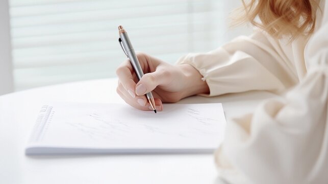 portrait of hand writing with pencil against white background, AI generated, background image