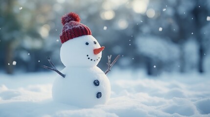 Fototapeta premium Happy smiling joyful snowman in Xmas day with outdoor winter scene in the background. Merry Christmas and happy new year concept.