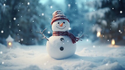 Fototapeta premium Happy smiling joyful snowman in Xmas day with outdoor winter scene in the background. Merry Christmas and happy new year concept.