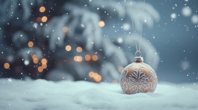 A white golden Christmas bauble or ball for decoration on a bokeh background on snow. Merry Christmas and happy new year concept.