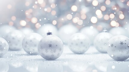 Fototapeta na wymiar White decorative Christmas baubles or balls for decoration on a bokeh background. Merry Christmas and happy new year concept.