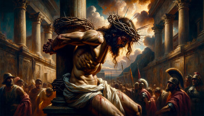 Jesus is Scourged at the Pillar: Christ's Suffering and Sacrifice for Humanity at the hands of the Romans Soldiers.