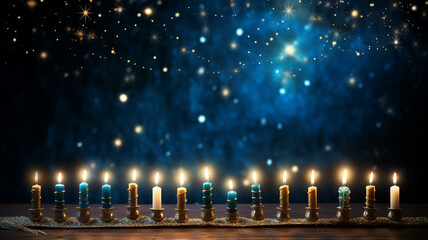 glow of the menorah with shining candles. Hanukkah festive celebration concept, jewish holiday