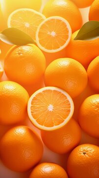 Sunbeams background fresh orange fruits frame, paper art with space for text, AI generated, background image