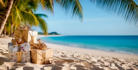  Christmas presents in the sand on a tropical beach. Concept of traveling on a Christmas holiday and celebrating the holidays somewhere warm. Shallow field of view. © henjon