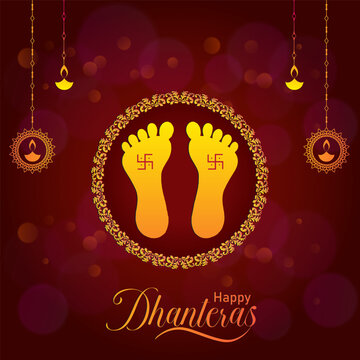 Happy Dhanteras Festival for Goddess Maa Lakshmi Charan Paduka or Golden Pot Card Background