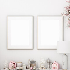 Christmas frame mockup in Christmas interior pink-white colors