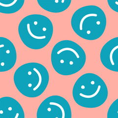 Pink seamless pattern with blue happy face