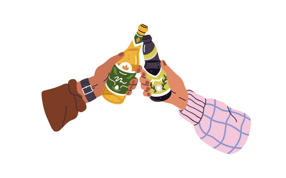 Hands with glass bottles, toast. Friends holding beer, drinking alcohol, cheers. Two people meeting, celebrating holiday, clinking. Flat graphic vector illustration isolated on white background