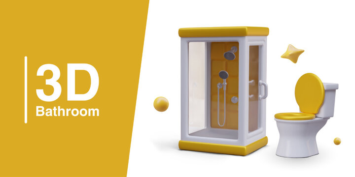 Shower cabin, toilet with golden seat, bubbles, stars. Luxurious modern sanitary ware. Vector color 3D elements for advertising store, plumbing services