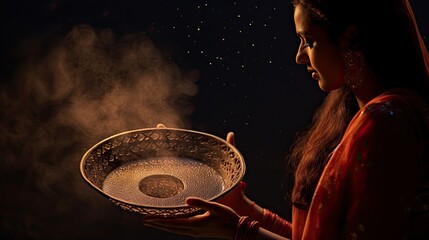 A woman looking at the rising moon through a sieve after completing the fast on the occasion of Karva Chauth in India. She is wearing traditional Sari and has henna Tattoo on her hands.
