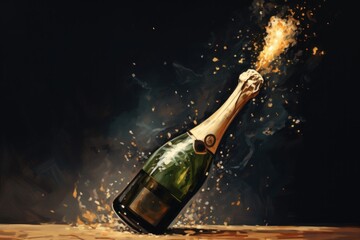 Champagne bottle and wine glass illustration - obrazy, fototapety, plakaty