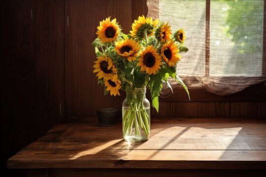 A rustic wooden table with a bouquet of vibrant sunflowers placed in a glass