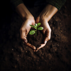 Hands together holding a small plant in fertile soil, environmental sustainability, . Close-up