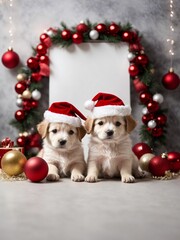 Fototapeta na wymiar Cute puppies wearing Santa Claus red hat. Merry Christmas and Happy New Year decoration around (balls, toys and gifts). X-mas postcard