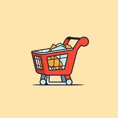 A minimalist illustration of a shopping cart filled with deals. Flat clean cartoon 2D illustration style