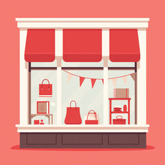 A simple illustration of a store window with sale items. Flat clean cartoon 2D illustration style