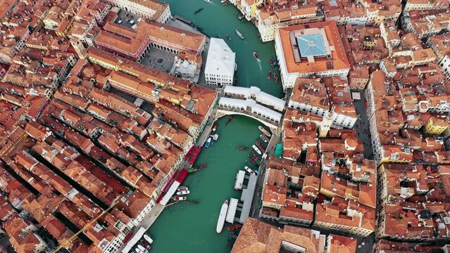 Aerial view of Rialto bridge and Grand Canal, Venice, Italy