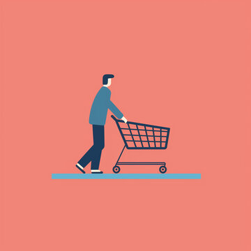 A Basic Outline Of A Person With A Shopping Cart. Flat Clean Cartoon 2D Illustration Style