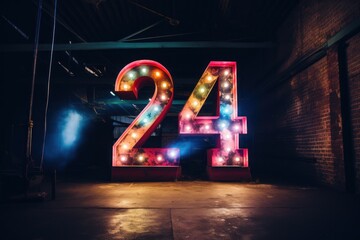 Happy new year 2024 neon light. Colorful design, trendy style, Number 24