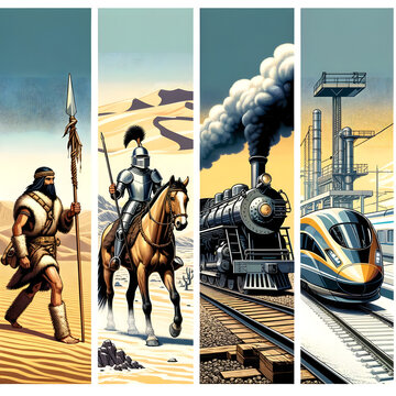 Create a clipart that visualizes 'different from before' by comparing travel methods across different eras. The image should show four distinct modes .png Generative AI