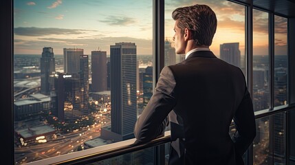 Fototapeta premium Businessman looking out from a balcony. 