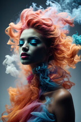 Naklejka premium Portrait of high fashion model girl with beautiful hairstyle and make up in colorful bright smoke lights posing in studio