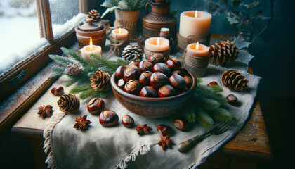 Bowl of chestnuts on a wintery table at Christmas time